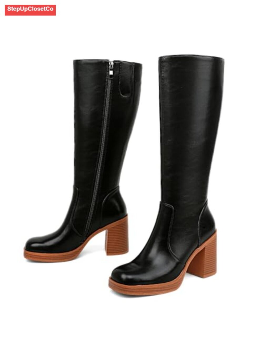 Knee High Boots Square Toe Chunky Heel Faux Leather Side Zipper Wide Calf